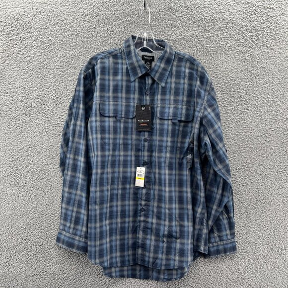 New Van Heusen Traveler Shirt Mens Large Long Sleeve Button Up Blue Plaid Vented - Picture 1 of 9